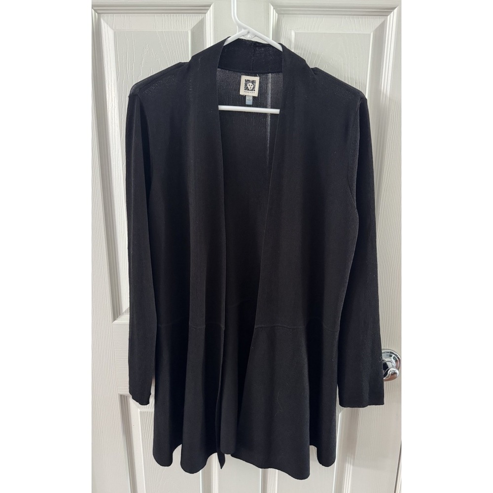 Anne Klein Women's L Black Open Front Long Cardigan Sweater Waist Seam
